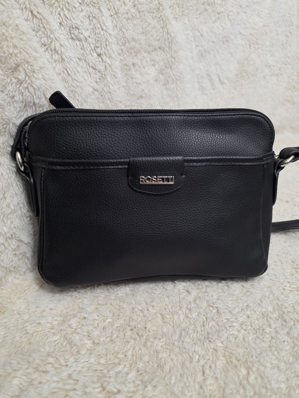 Rosetti Black Pebbled Crossbody Bag Adjustable Vegan Leather Silver Hardware